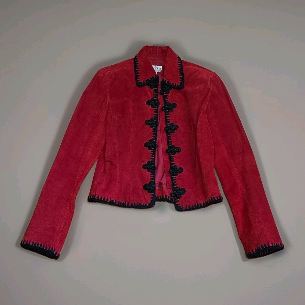 Vintage Etosha Womens Red Whip Stitch Suede Leather Asian Inspired Vest Large